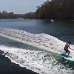 Team Riders Skyla Rayner & Nathan Cross testing the Blue Planet Easy Foiler on the wake. Foils are designed to lift the board out of the water, eliminating all board related drag, allowing surfers to catch bumps, wake and swells that normally could not be ridden by traditional board design.